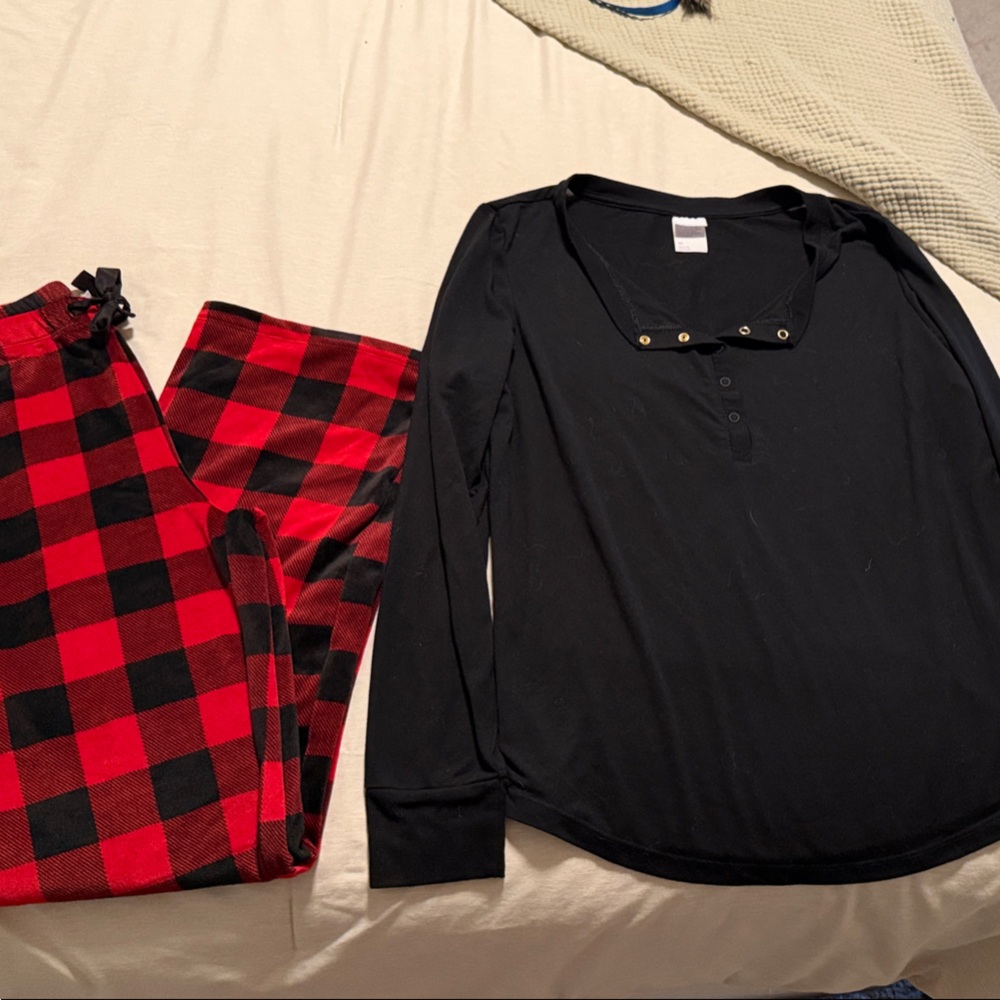 Black Henley Shirt and Red Plaid Xmas Pj Set